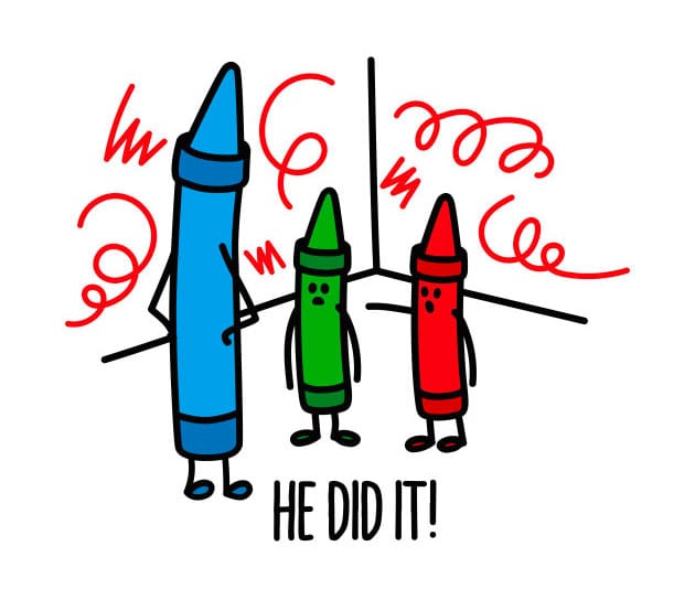 Cartoon: A red crayon blames the green crayon for drawing on the wall (in red). | Image courtesy Teepublic.