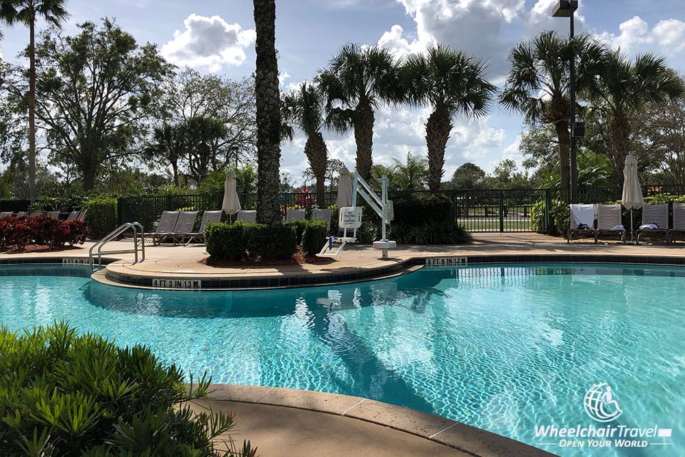 Swimming pool with disability pool lift.