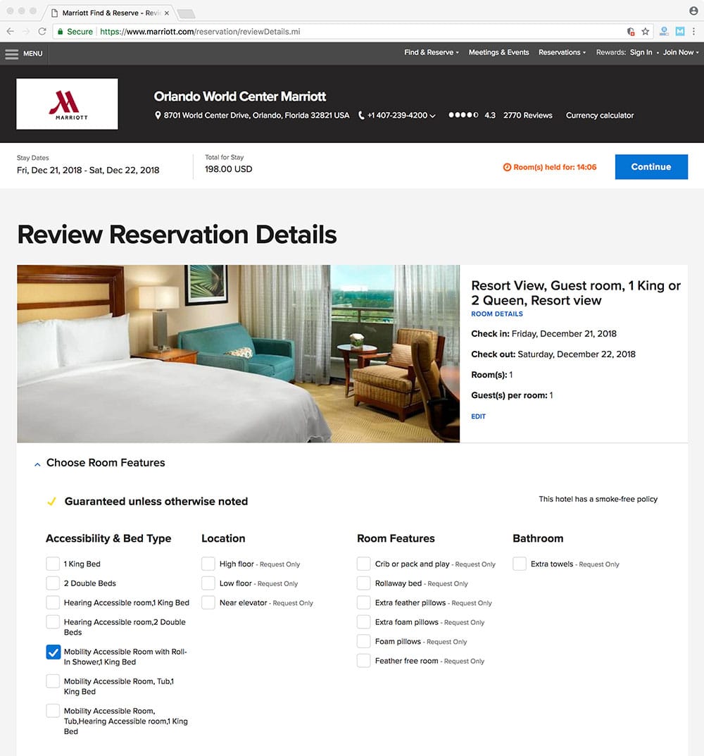 Screenshot of the Orlando World Center Marriott hotel's reservations website.