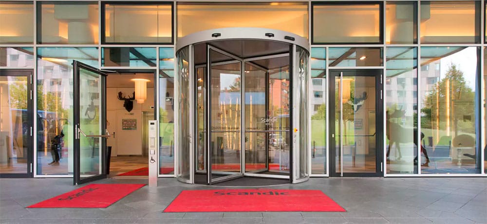 Scandic Berlin Potsdamer Platz building entrance with automatic doors.