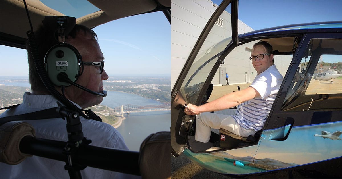 Riding in a helicopter over Quebec City, Canada.