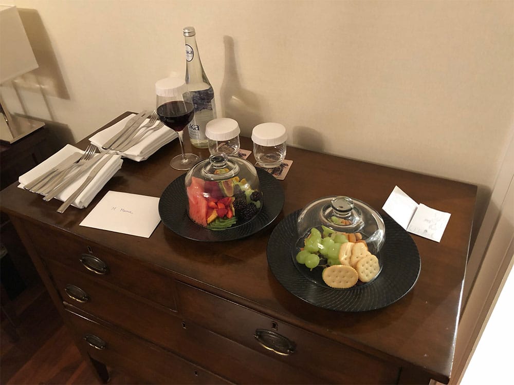 Welcome amenity of fruit, cheese, crackers and wine.