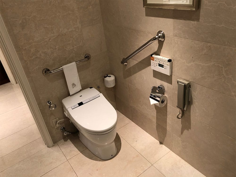 High-end electronic toilet with grab bars.