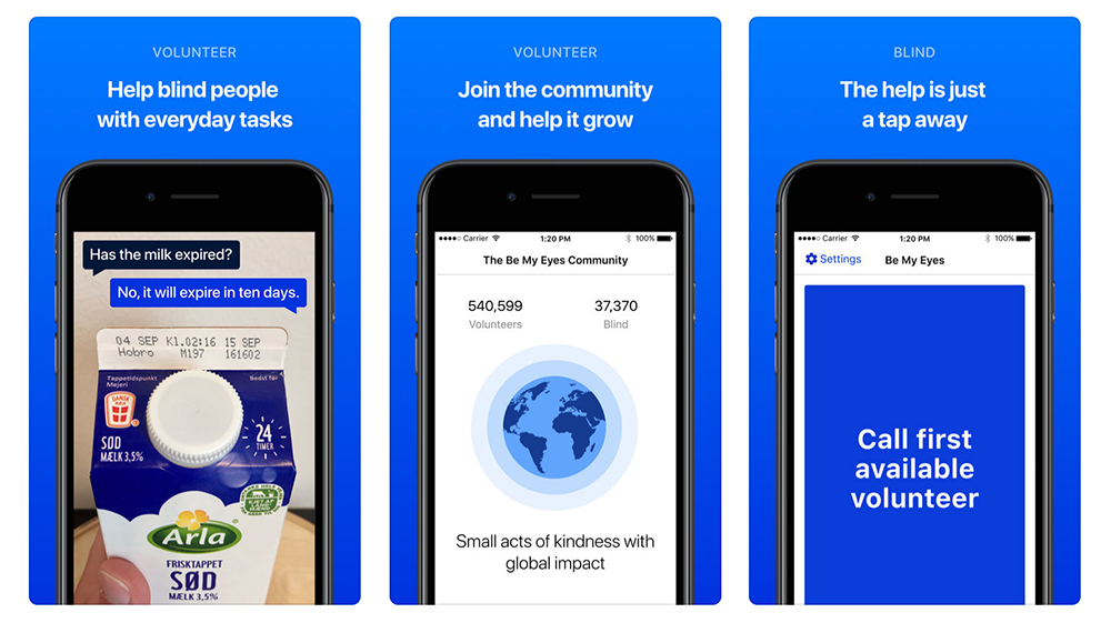 Screenshots of the Be My Eyes smartphone app.