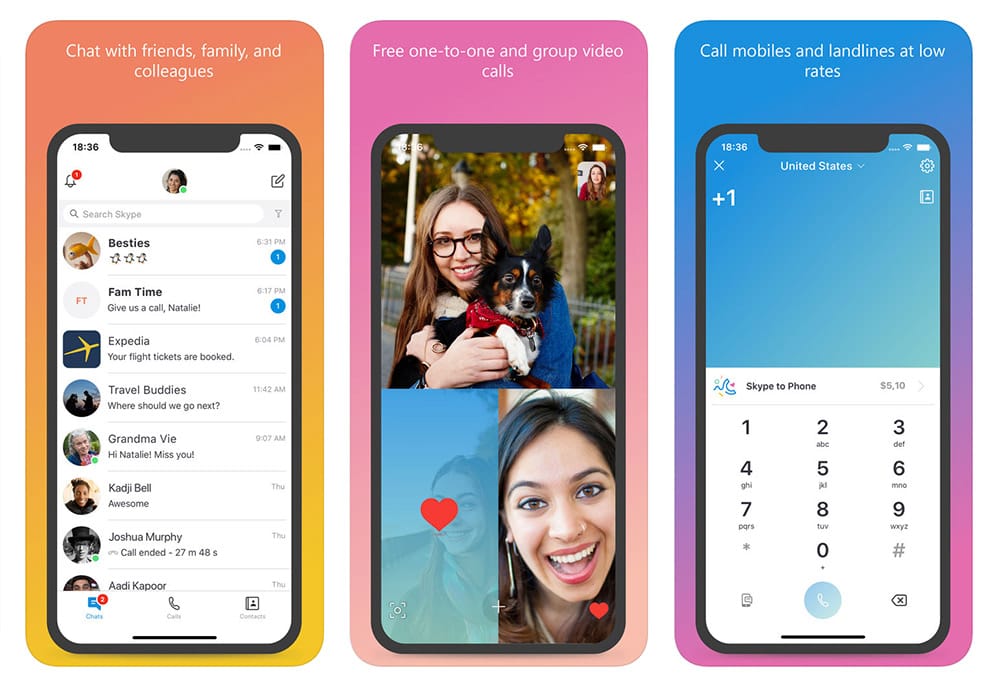 Screenshots of the Skype smartphone app.