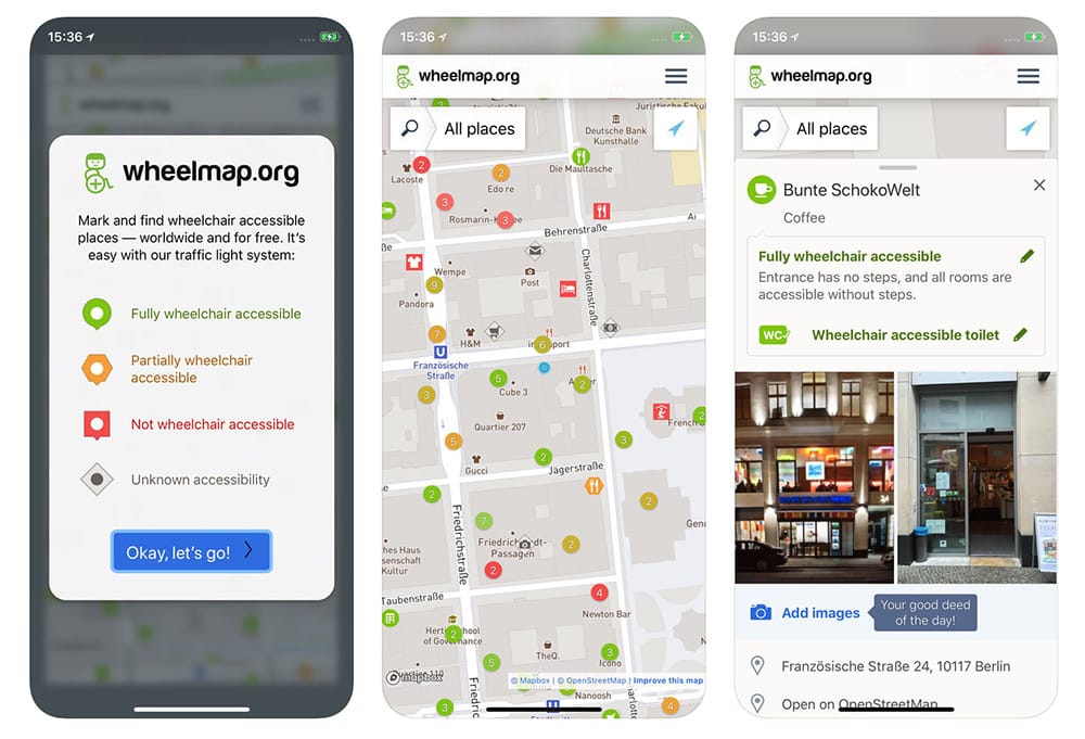 Screenshots of the Wheelmap smartphone app.