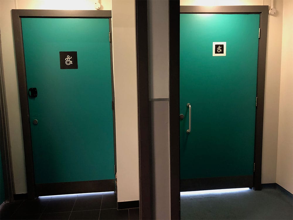 Doors to the accessible bathrooms.