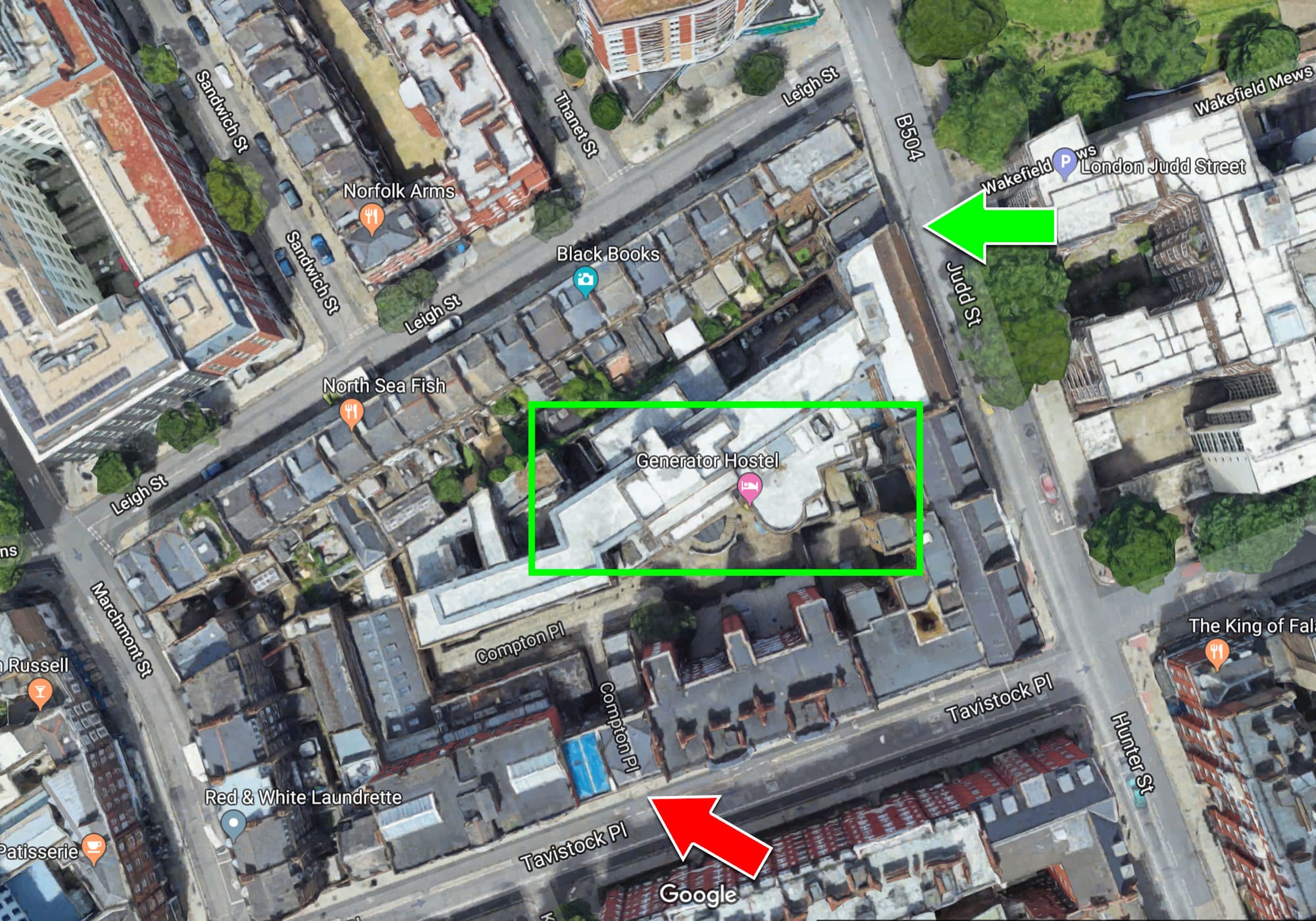 Satellite map with markings of Generator Hostel entrances.