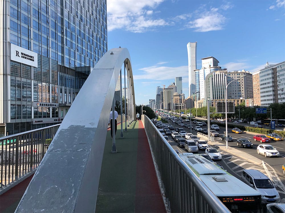 Accessible pedestrian bridge in front of the Renaissance Beijing Capital Hotel.