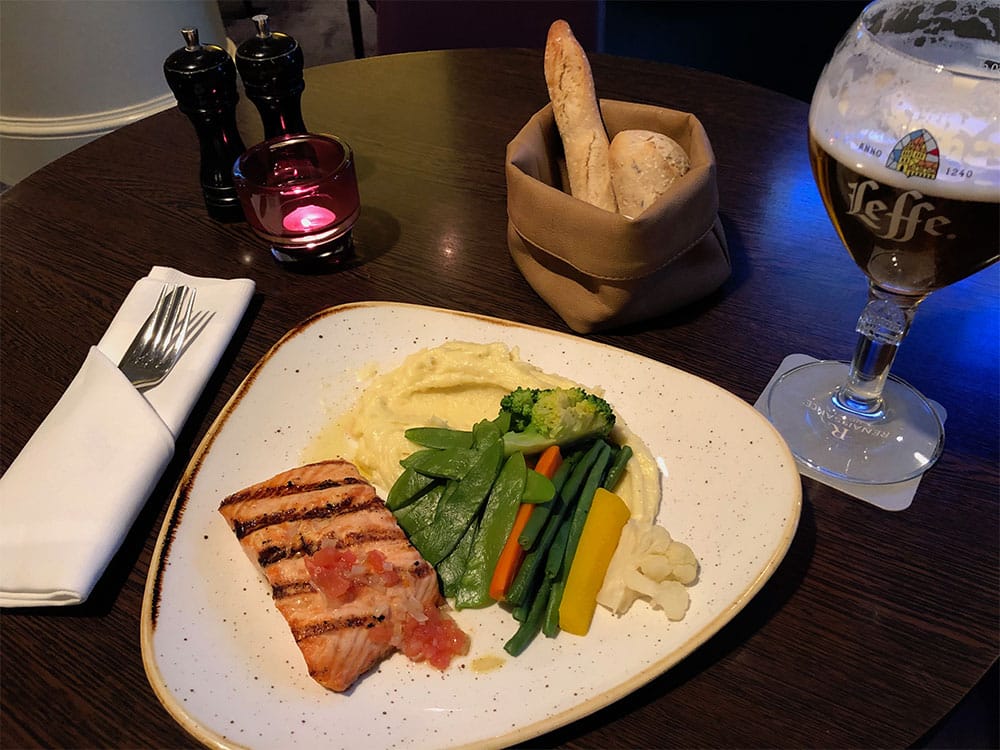 Salmon and vegetables dinner meal.