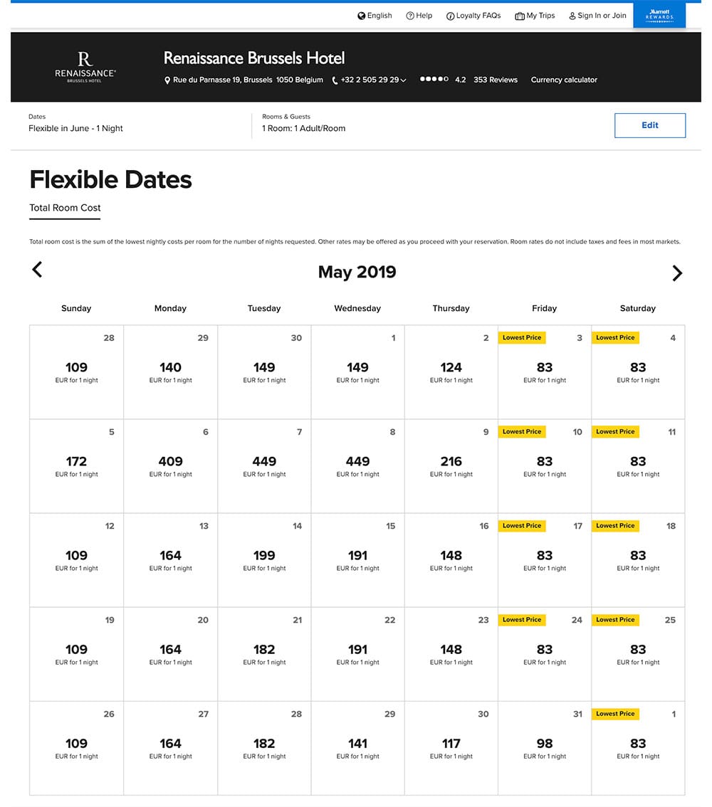 Sample room rates at Renaissance Brussels Hotel.