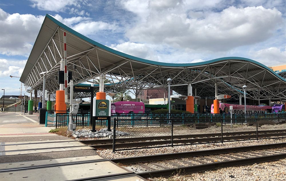 Central station for Lynx city bus and SunRail train services in downtown Orlando, FL.