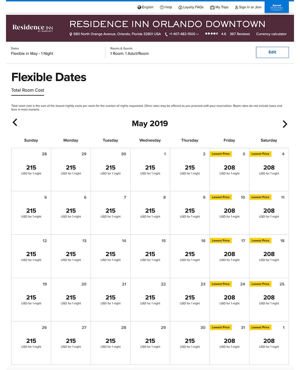 Calendar of hotel room rates for the month of May 2019.