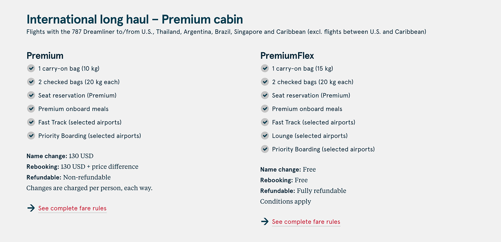 Norwegian Air premium class fare types for international long-haul flights.