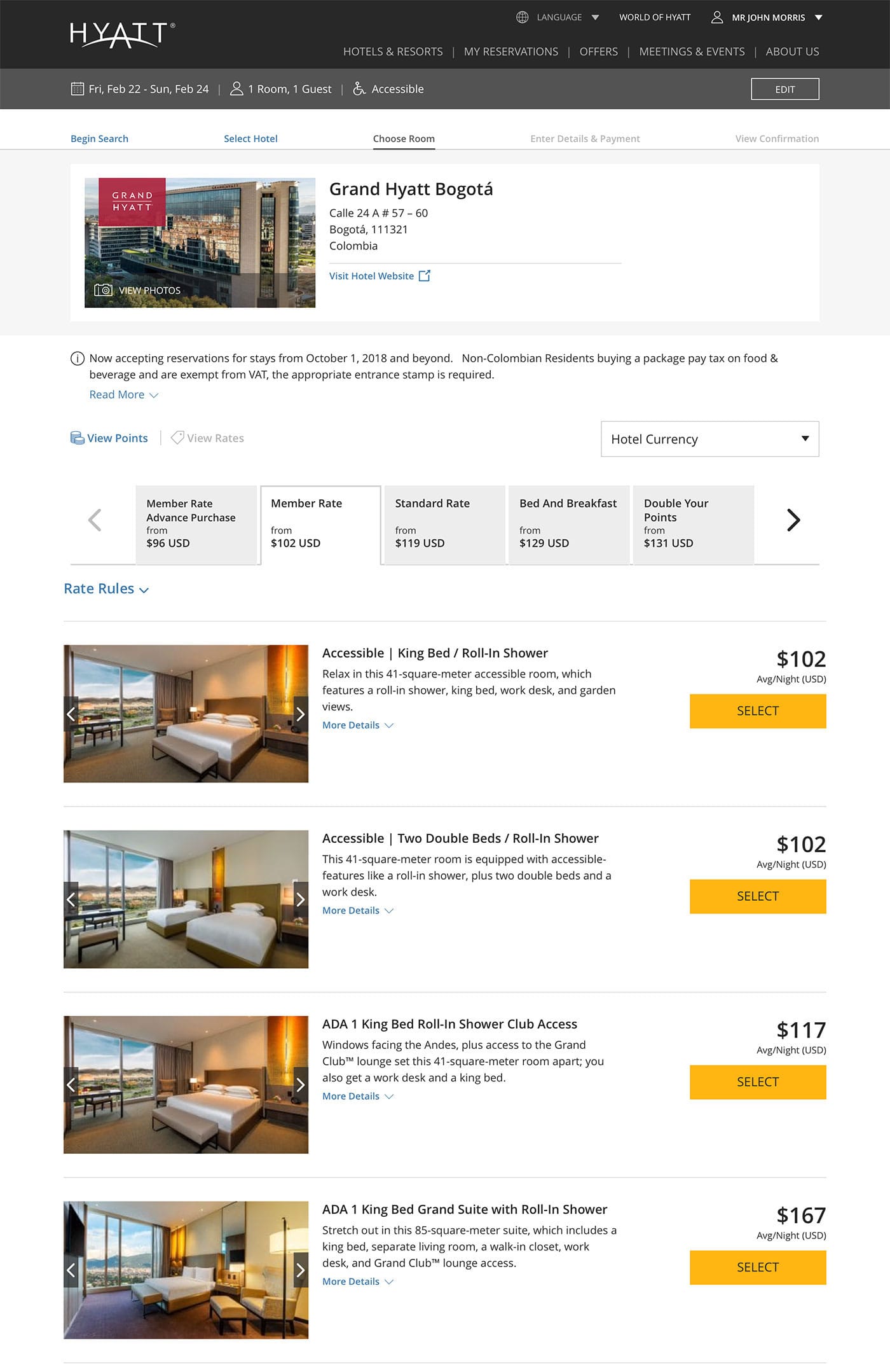 Room types and rates for a weekend stay in February, 2018.