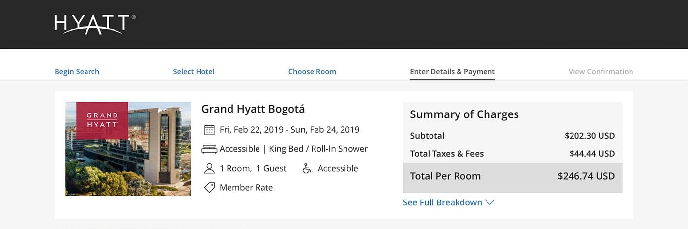 Reservation confirmation and room rate detail.