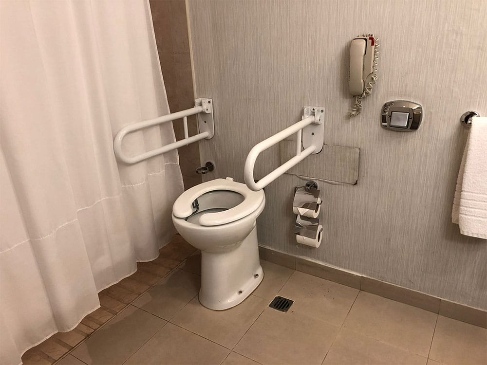 Toilet with grab bars.