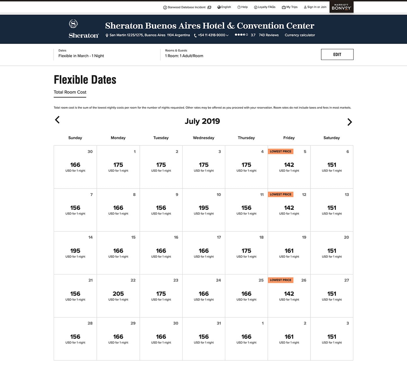 Calendar of room rates at Sheraton Buenos Aires Hotel & Convention Center.