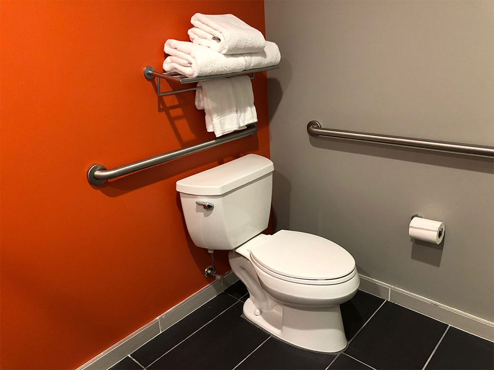 Toilet with grab bars.