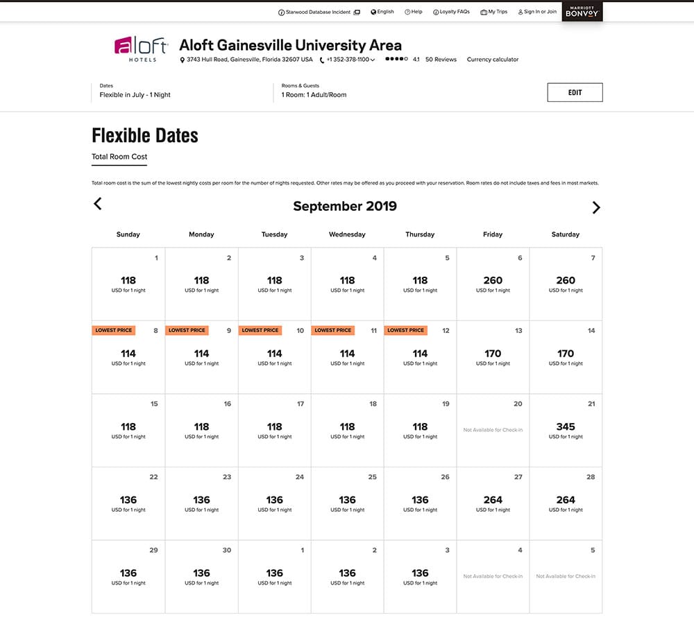 Sample room rates at the Aloft Gainesville hotel.