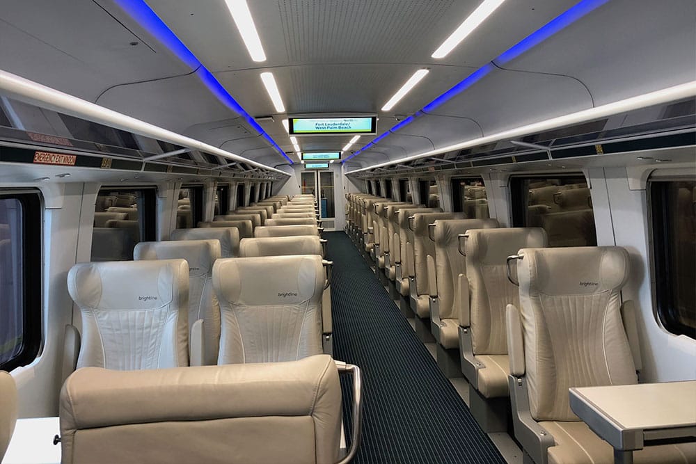 Interior of Brightline SELECT class train car.