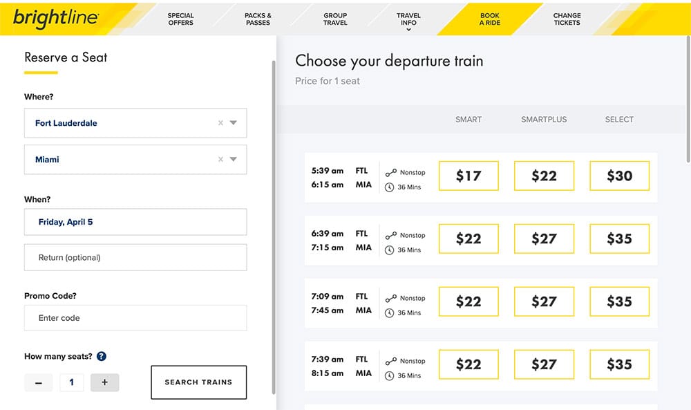 List of available fares on Brightline.