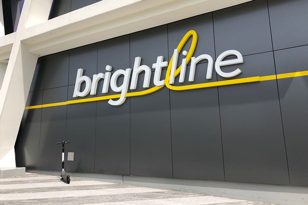 Brightline logo on building.