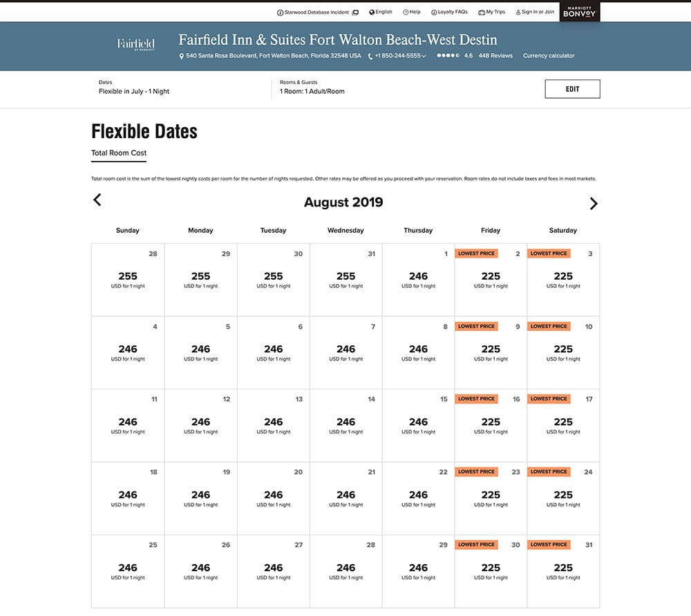 Calendar of sample room rates at Fairfield Inn & Suites Fort Walton Beach.