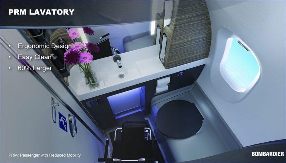 Rendering of Bombardier's Atmosphere PRM accessible lavatory.