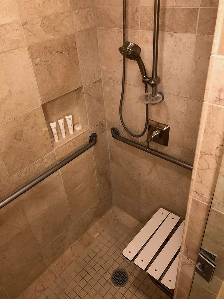 Roll-in shower with grab bars, seat and handheld water nozzle.