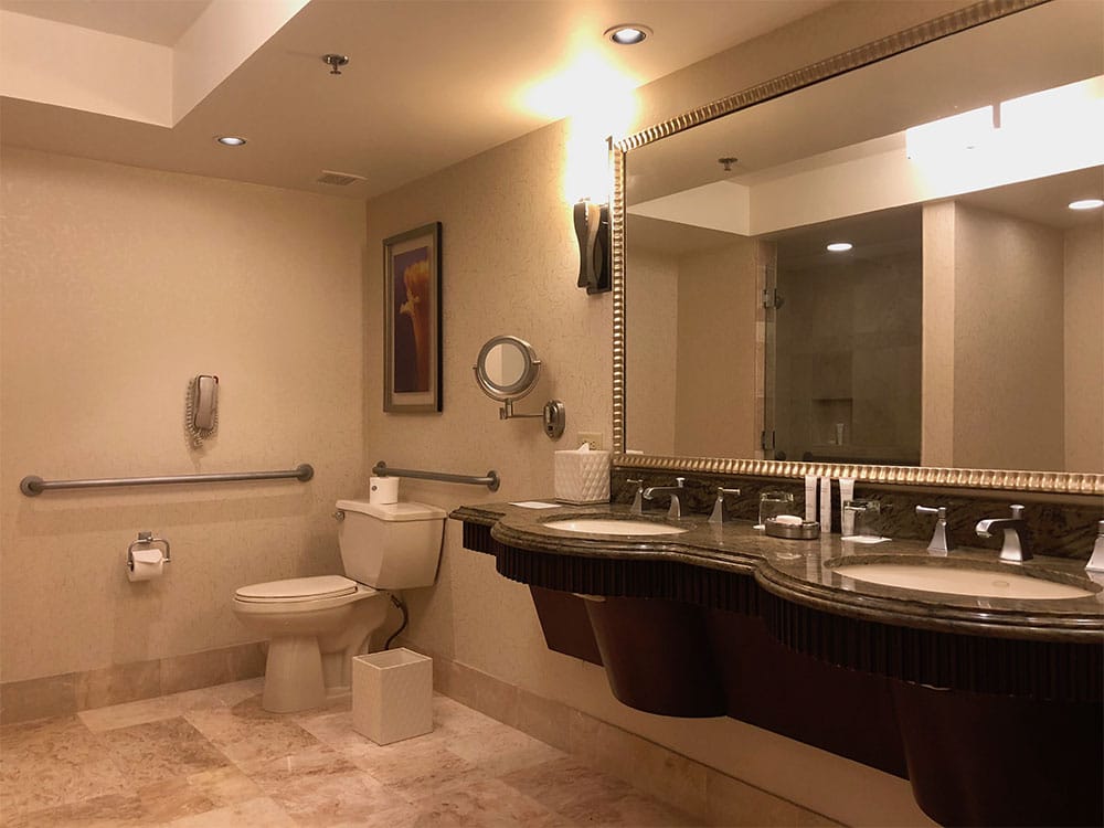 Dual sinks and toilet with grab bars.