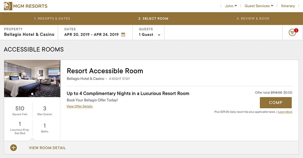 Bellagio accessible room reservation.