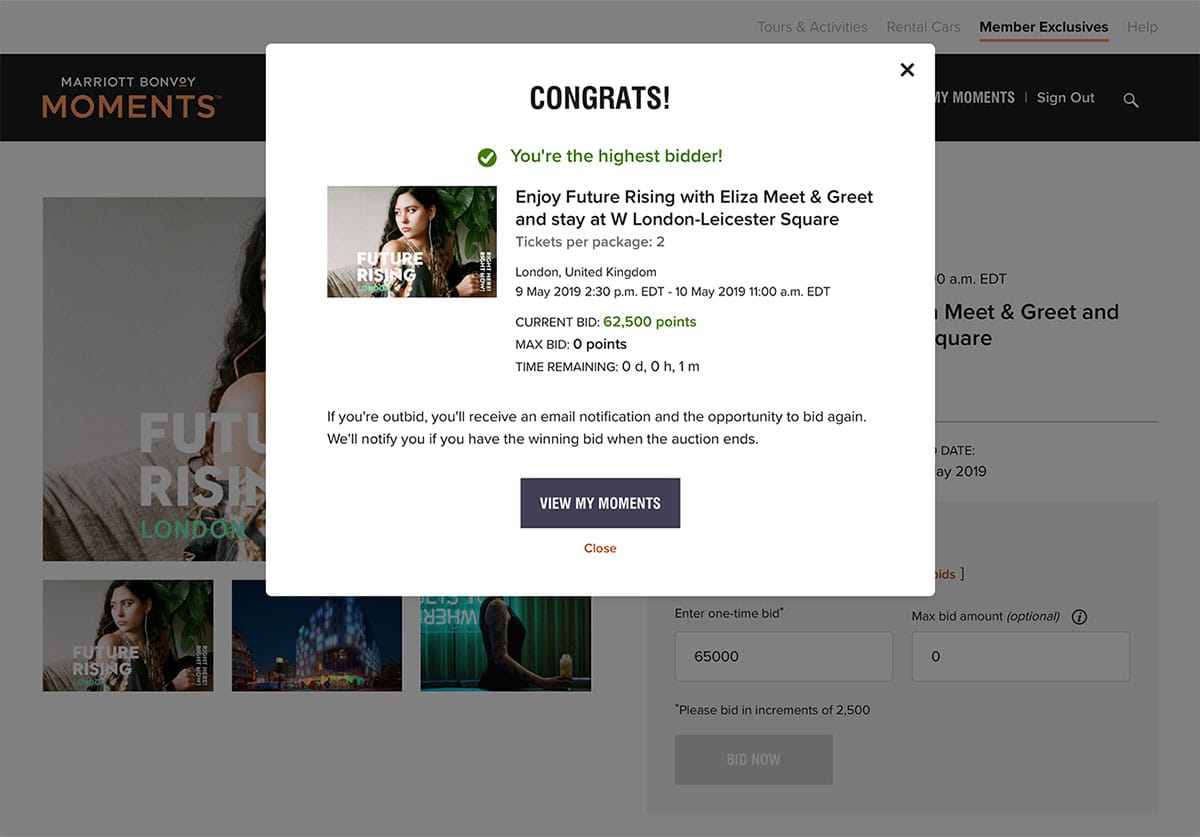 High-bid on the Marriott Bonvoy Moments experience.