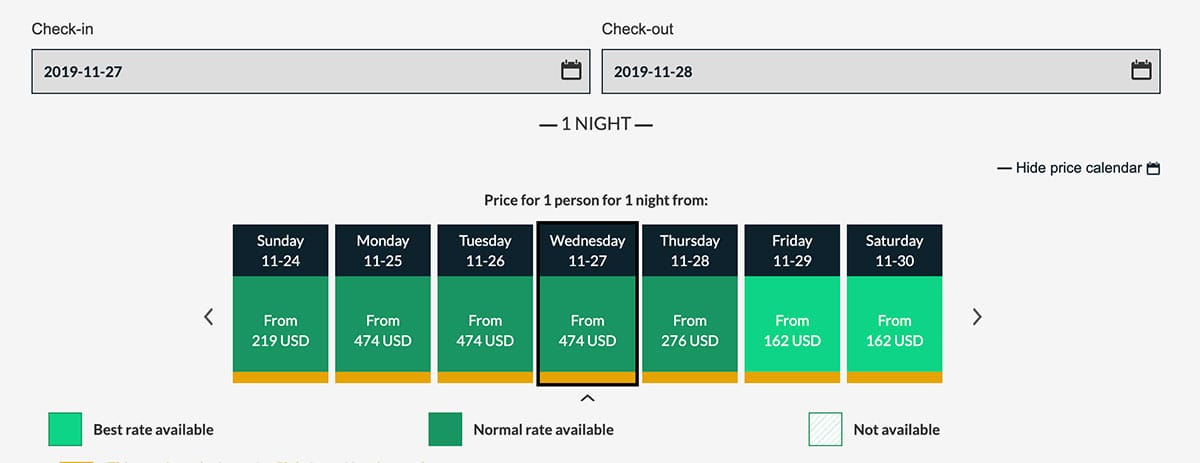 Calendar of future room rates at Sofitel Luxembourg Grand Ducal.