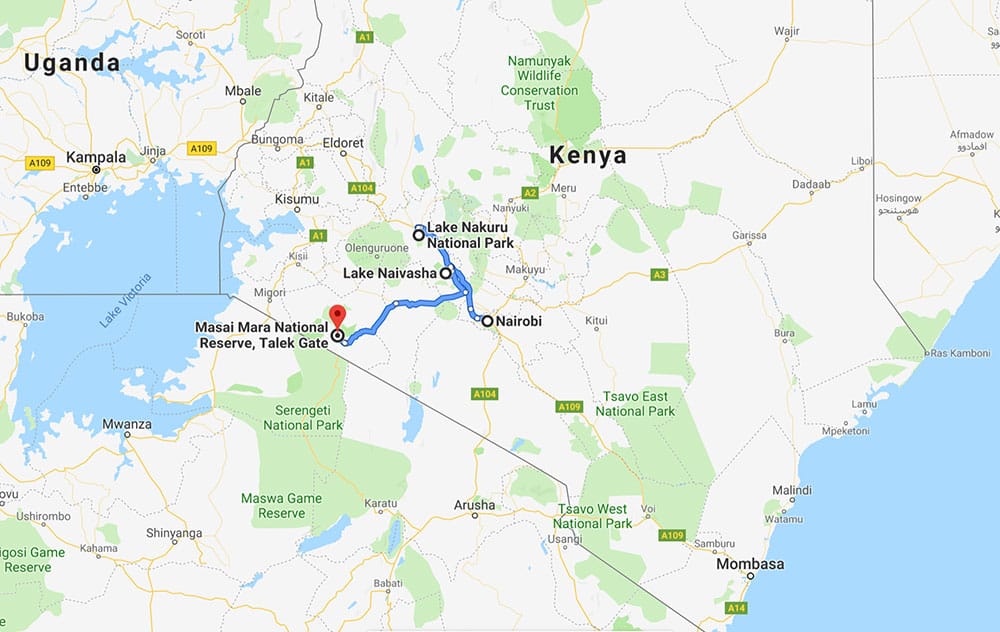 Map of safari route in Kenya.