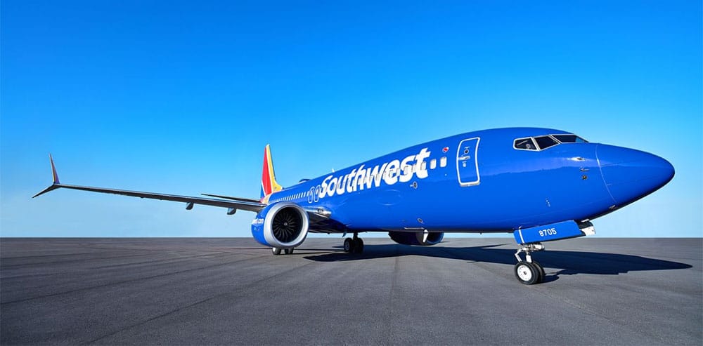 Southwest Airlines aircraft parked on tarmac.