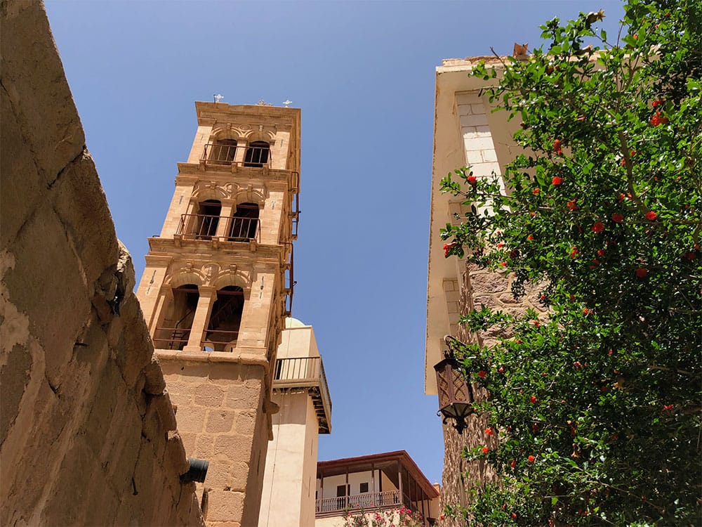 Belltower and minaret within the walls of the monastery.