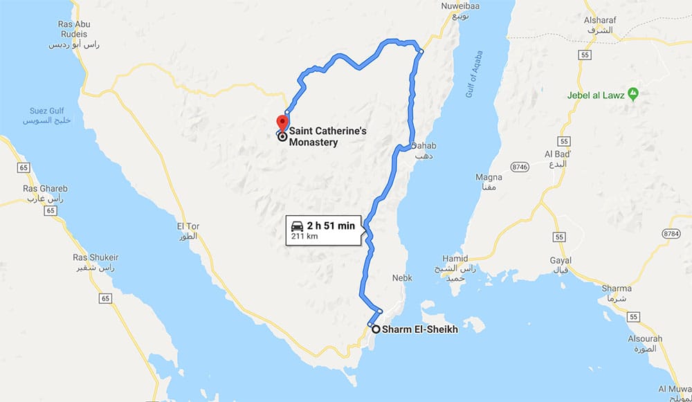 Map of the journey between Sharm El Sheikh, Egypt and St. Catherine's Monastery.