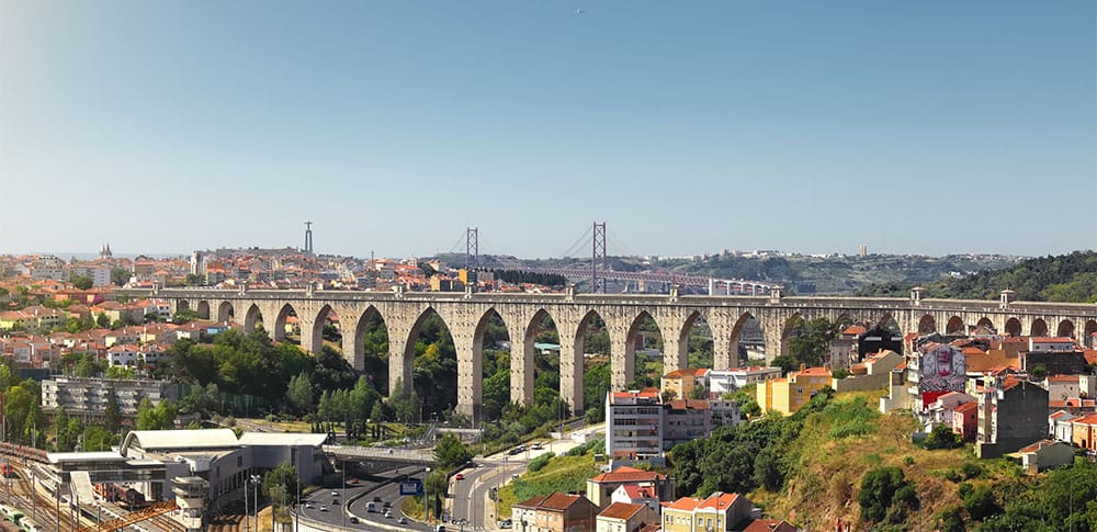 Lisbon skyline with aqueduct.