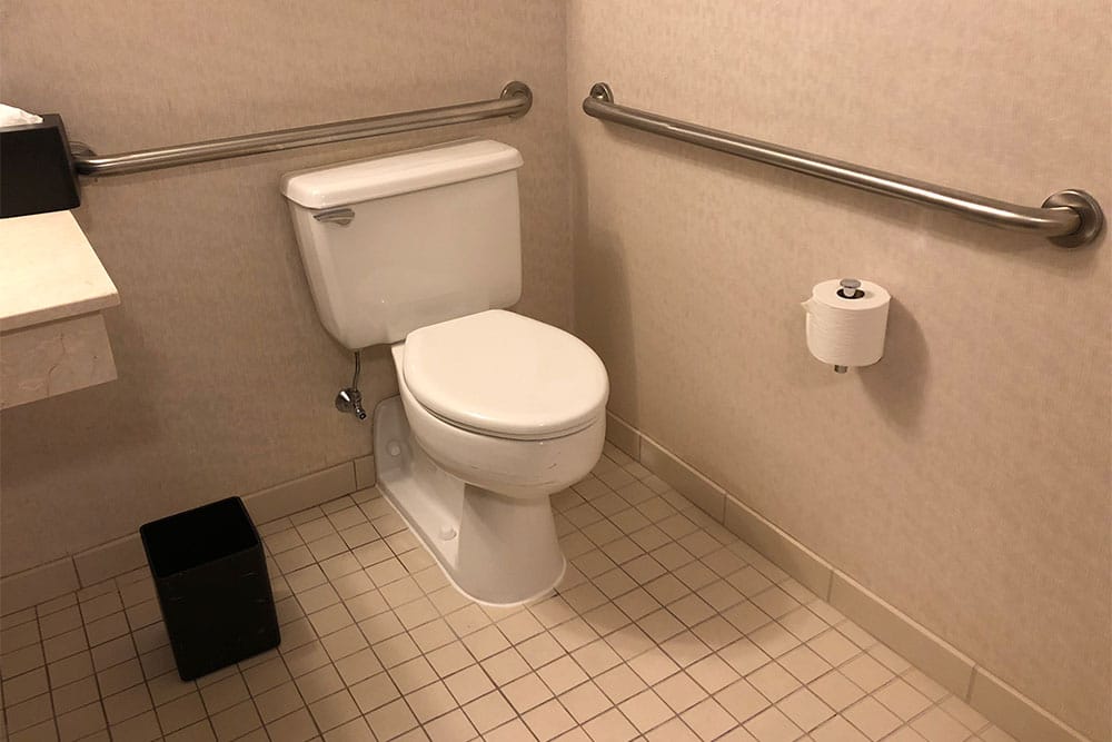 Toilet with grab bars.