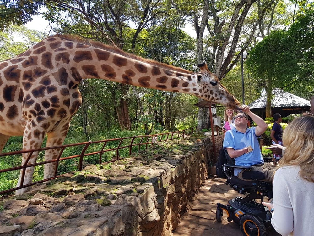 Feeding a giraffe at the Nairobi Giraffe Centre.