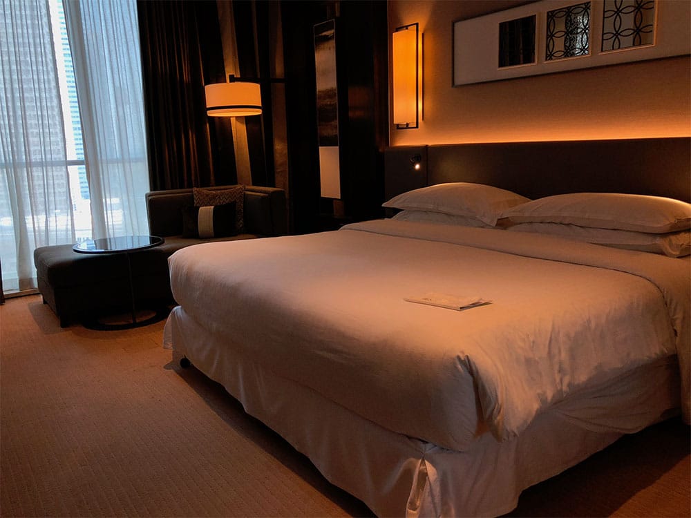 King size bed at Sheraton Grand Hotel, Dubai.