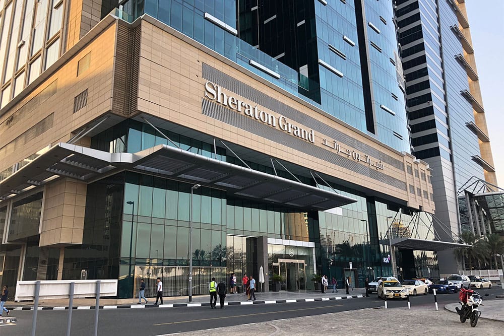 Front facade of the Sheraton Grand Hotel, Dubai.