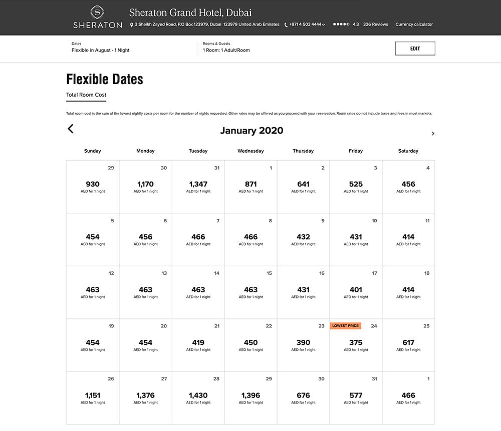 Room rates for the month of January at Sheraton Grand Hotel.