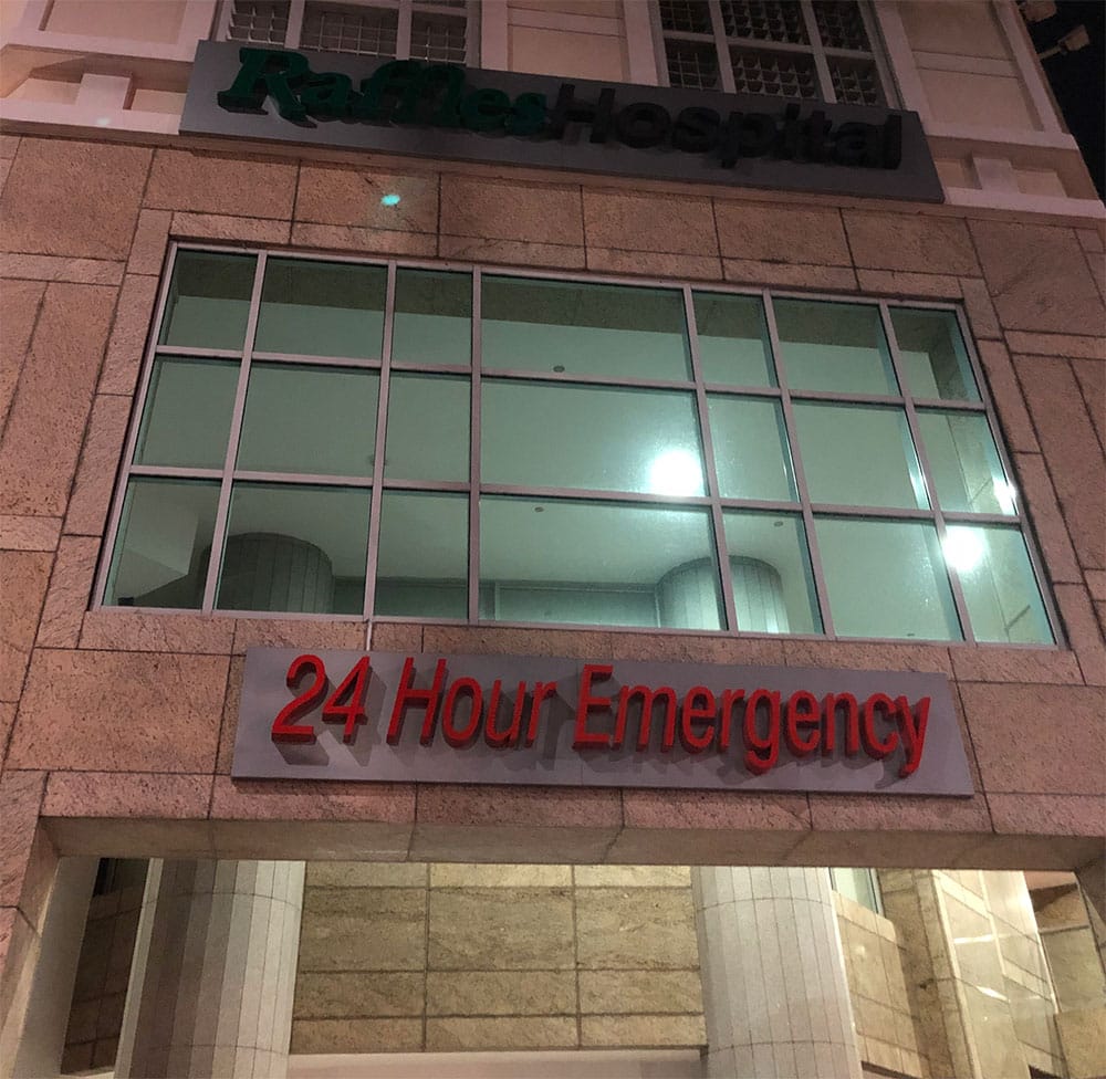 Entrance to the Emergency Room at Raffles Hospital.