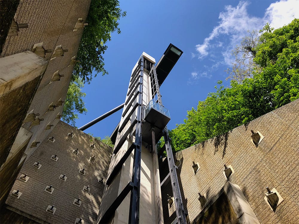 The Pfaffenthal Panoramic Elevator seen from below.