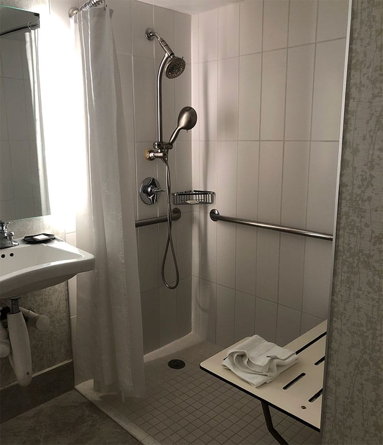 Roll-in shower in room #414, Sheraton Miami Airport Hotel.