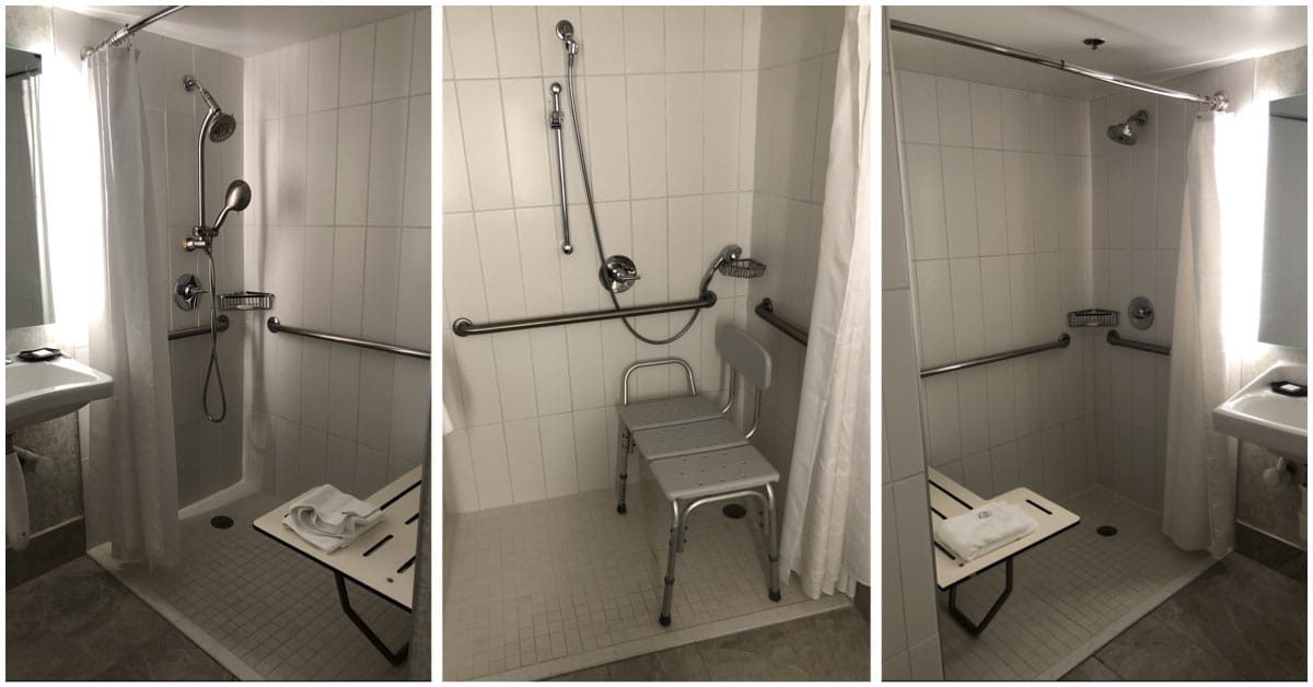 Collage of roll-in showers at the Sheraton Miami Airport Hotel.