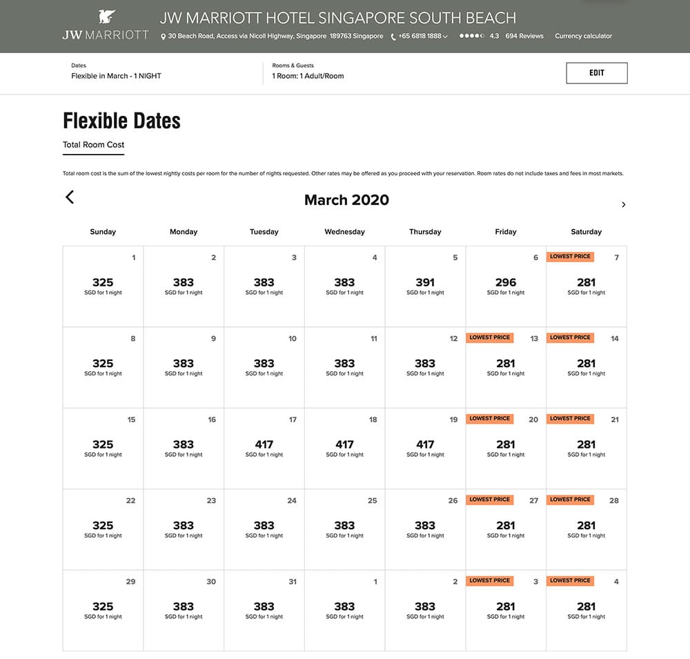 Future room rates at the JW Marriott Singapore Hotel.