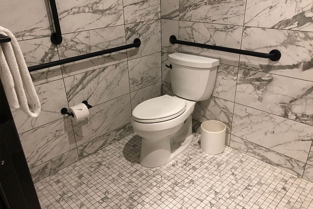 Toilet with grab bars.